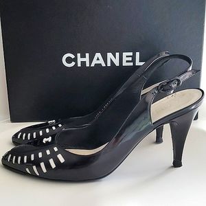 CHANEL black patent leather sling back size 37 with box, shoe bag and booklet